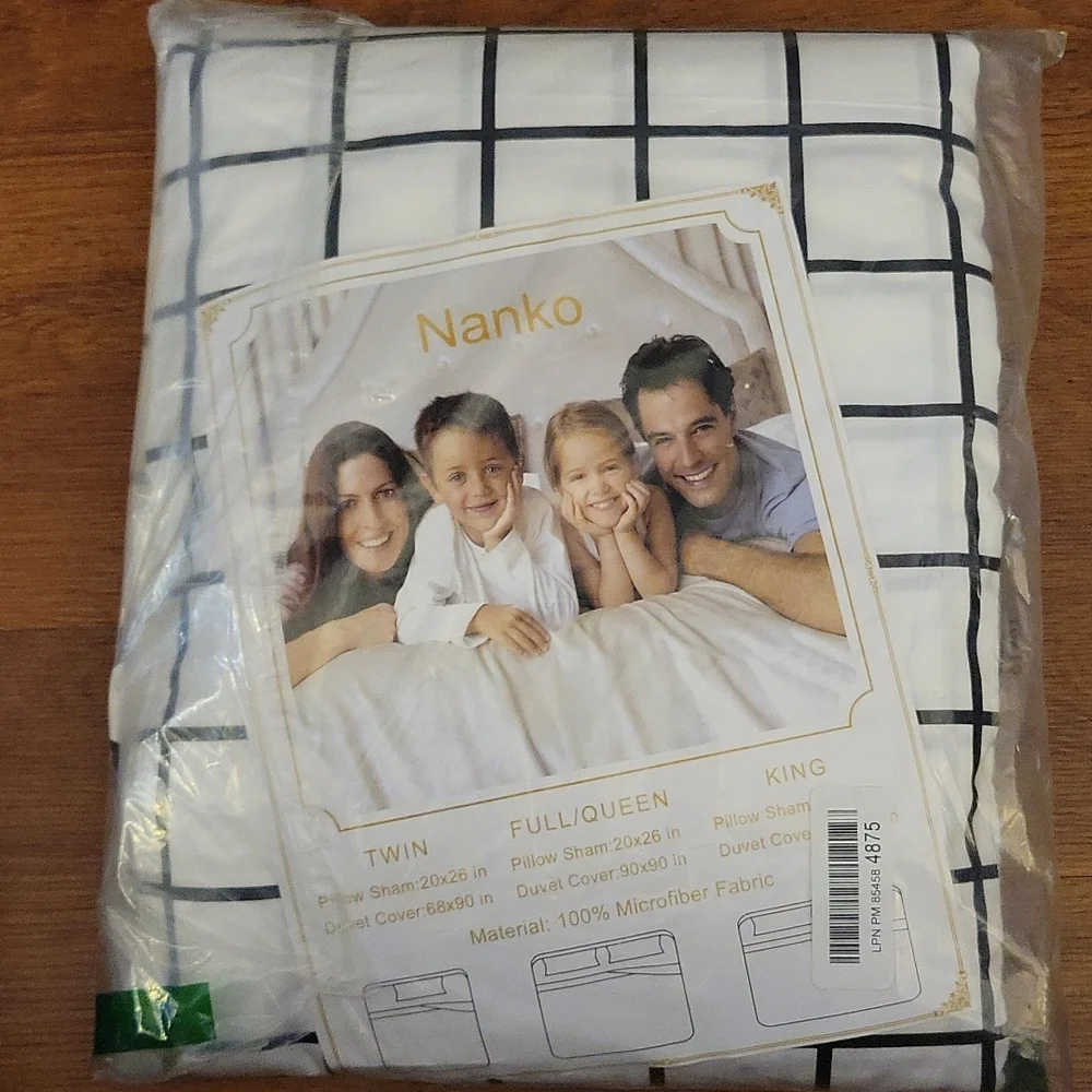 NANKO Full/Queen Duvet cover 2 pillowcases zip, tie white with black check New…